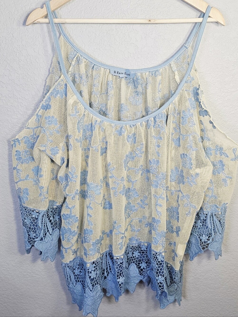 Rare Bird Blue Floral Lace Mesh Cold Shoulder Boho Top O/S Plus Size 2X